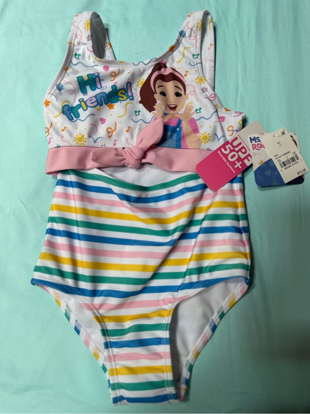 Girls One-Piece Swimsuit with Character and Rainbow Stripes